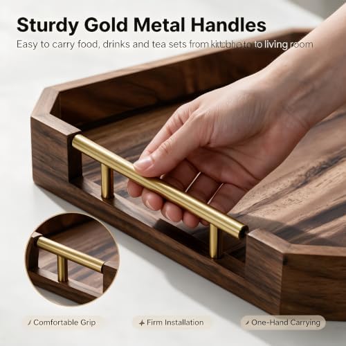 Wooden Serving Tray with Metal Handles, Acacia Wood Rectangular Decorative Tray, Coffee Table Tray for Breakfast, Drinks, Snack, Ottoman, Home Decor - Image 5
