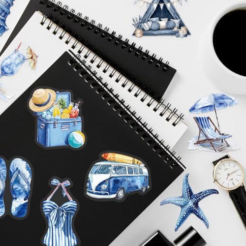 50PCS Transparent Blue Beach Stickers Aesthetic PET Stickers Blue Ocean Decal Waterproof Decorative Decals for Scrapbook DIY Crafts Album Bullet Journal Planner Water Bottles Laptop Phone (Blue-A) - Image 7