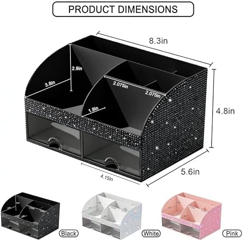 Bling Makeup Organizer with Drawers, Cosmetic Storage for Dresser Vanity and Bathroom Countertop, Beauty Holder for Lipstick Brush, Skincare Organizer for Vanity, Cosmetic Display Case Bling Black - Image 2