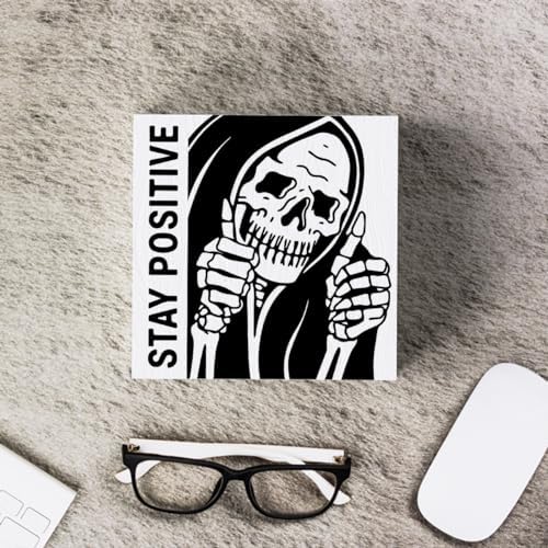 Inspirational Skeleton Man Wooden Box Sign Plaque Stay Positive White Wood Box Sign Rustic Art Home Office Shelf Desk Decor 5 x 5 x 1.2 Inches - Image 6