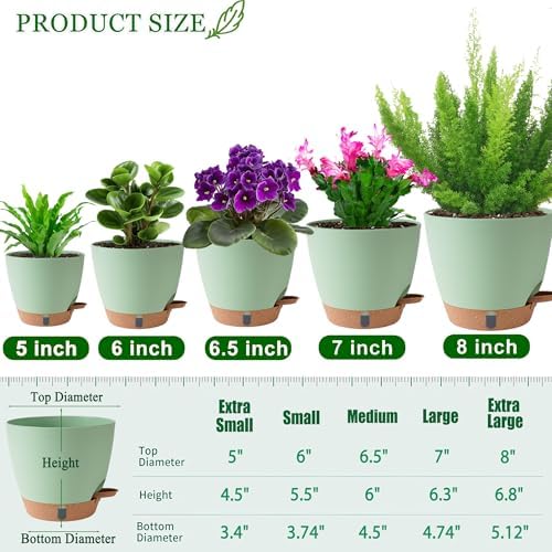 Self Watering Pots for Inoor Ourdoor Plants 8/7/6.5/6/5" Plastic Planters - Image 6