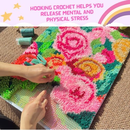 MeoobkCraft Blush of Roses for Latch Hook Kits for Adults Beginners Rose Flower Pre-Printed Latch Hook Rug Kits Embroidery Cross-Stitch for Home Home Decoration 20.47 x 14.96in - Image 3