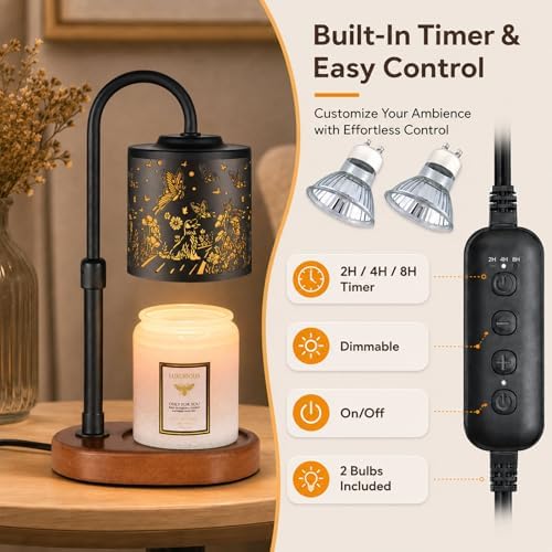 Dimmable Candle Warmer Lamp with Timer Adjustable Height for Scented Jar Candles Electric Candle Wax Melt Warmer for Home Decor Christmas Birthday Gifts for Women Mom(Butterfly+Dog) - Image 5