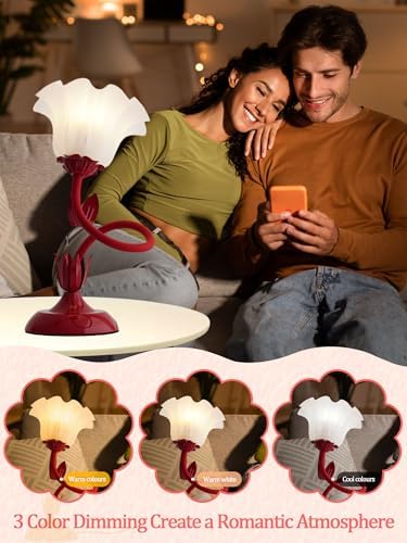 Flower Table Lamp, LED Reading Light Bedside Vintage Night Light (Red) - Image 2