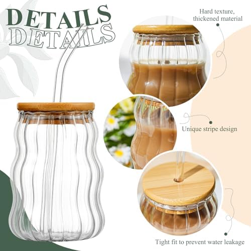 Domensi 2 Pcs 18 oz Creative Glass Cups with Lids and Straws Wave Shape Cute Drinking Tumblers Ribbed Cups Vintage Ripple Glassware for Cocktail Juice Iced Coffee Tea Soda Milk - Image 4
