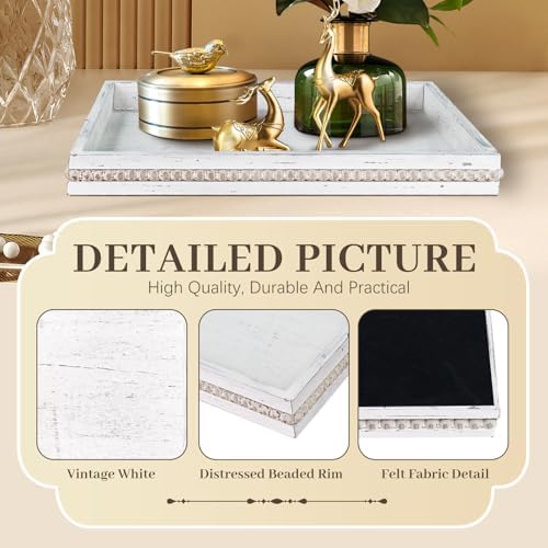Wooden Decorative Tray, Rectangular Serving Tray with Wood Bead, Farmhouse Big Tray for Ottoman, Countertop, Coffee Tabl, 16.5" x 13"x 1.6" (Retro White) - Image 6