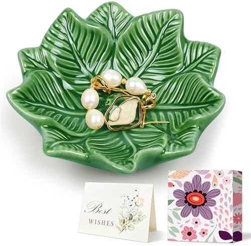 Green Leaf Jewelry Dish Ceramic Trinket Tray Birthday Gift for Women by PUDDINGCABIN