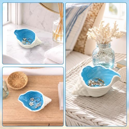 Conch Shell Jewelry Dish Ceramic, Blue Coastal Decor Jewelry Tray, Shell Trinket Dish for Rings Earrings, Ocean Themed Vanity Tray Jewelry Organizer for Bedroom Bathroom Desk, Gift for Women - Image 6