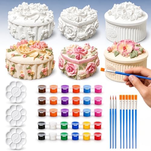3 Pcs DIY Floral Plaster Jewelry Box Painting Kit for Adults & Teens - 3D Flower Trinket Boxes (Heart, Round, Oval) - Includes 6 Paint Strips, 9 Brushes, 3 Palettes & Secure Packaging by HuiBeans