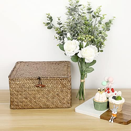Hipiwe Seagrass Wicker Storage Basket with Lid, Coffee Large 10.6x10.6x5.8" - Image 2