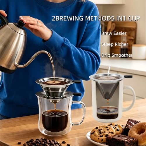 2-in-1 Immersion & Pour Over Coffee Maker,Reusable Stainless Steel Pour Over Coffee Dripper, V60 Style with Detachable Stand, Paperless Metal Coffee Filter for Single Cup Brewing-2 Packs - Image 3