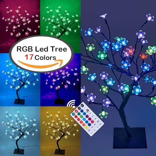 LIGHTSHARE 18 Inch Cherry Blossom Bonsai Tree, 48 LED Lights, RGB with Remote Control, 16 Color-Changing Modes, 24V UL Listed Adapter Included, Metal Base Ideal As Night Lights - Image 2