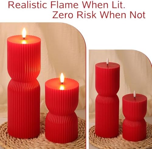 Red Ribbed Flameless Pillar Candles with Remote Set of 2 - Image 6