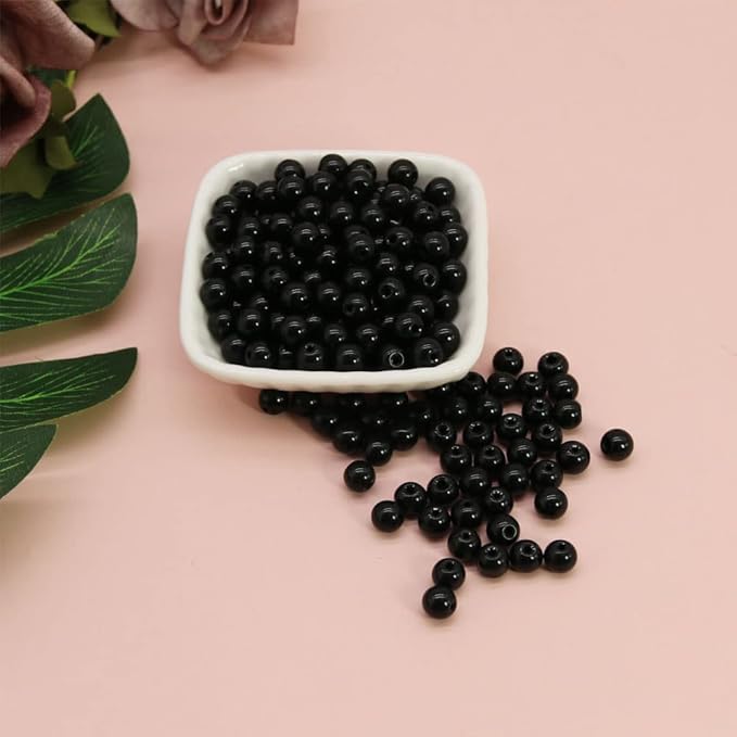 Pamir Tong 600PCS Black Glass Round Beads Bulk， Imitative Jade Beads, Lava Beads, Bracelet Loose Beads for Jewelry Making Earring, Necklaces, and DIY Crafts (8mm Black)