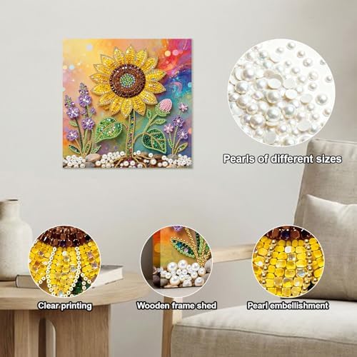 Xylzzuit Pearl Painting Kit with Frame 9.84x9.84IN Colorful DIY Gemstone Pearls Beads Art Craft for Adults Home Desktop Wall Decor (Sunflower) - Image 3
