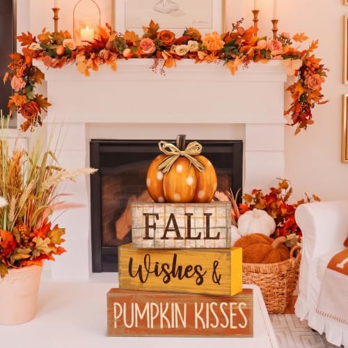 Moucuny 4 Pcs Fall Pumpkin Decor Fall Decorations for Home Wooden Pumpkin Decor Thanksgiving Table Centerpiece Rustic Autumn Stacked Block Signs Farmhouse for Harvest Party Home Kitchen - Image 4