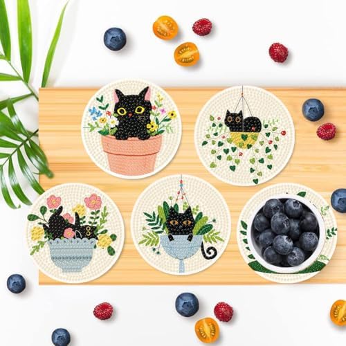 Clendo 8 Pcs Black Cat Diamond Art Coasters Kit - DIY 5D Small Diamond Painting Coasters with Holder, Flowers Diamond Art Kits for Adults Coasters, Arts and Crafts for Adults - Image 4