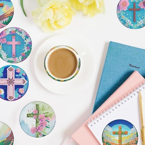 8 Pieces Crosses Diamond Coasters with Holder DIY Crosses Diamond Art Coasters 5d Full Drill Diamond Art Decor Acrylic Round Cup Coaster with Cork Pads for Adults - Image 4