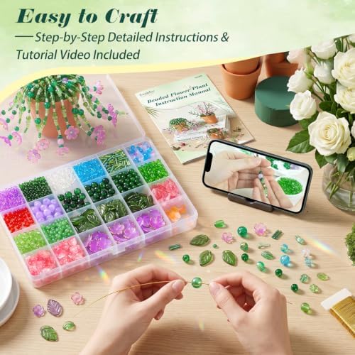 Ecoofor Beaded Plant Kit with 17 Styles of Beads, Flower Beads & Green Glass Crystal Beads, DIY Handmade Beaded Plant Craft Kit with Video Tutorial, Gift for Plant Lovers & Craft Enthusiasts - Image 4