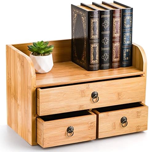 Nicunom Bamboo Desk Organizer, 3-Tier Bamboo Tabletop Storage Organization Multifunctional Desktop Organizer with Drawers for Home Office Toiletries Supplies Vanity by Nicunom