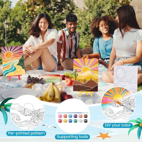 Blosssound 10 Set Pre Printed Sunrise Canvas Pre Drawn Canvas Painting with Easel Kits 5" x 7" Outline Painting Panels for Beginners, DIY Craft Project, Party Favor, Home Decors - Image 3