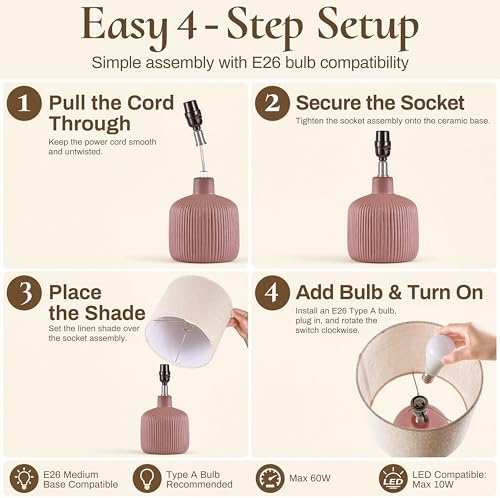Ceramic Table Lamp, 17.75" Rustic Farmhouse Bedside Lamp with Beige Linen Shade, Warm Ambient Nightstand Lighting for Bedroom or Living Room, Painted Terra - Image 7