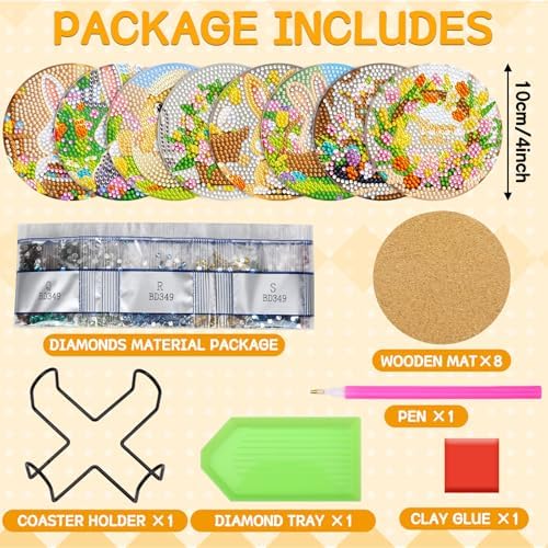 UPINS 8 Pieces Easter Diamond Art Coasters,Bunnies Diamond Art Coaster for Adults Diamond Kits Supplies for Spring Easter Gift - Image 2