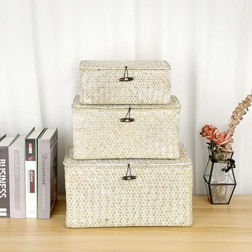 Hipiwe Seagrass Storage Basket Bins with Lid Handwoven Wicker Shelf Baskets - Image 7