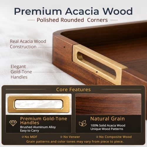 100% Acacia Wooden Serving Tray with Gold-Tone Aluminum Handles - Image 3