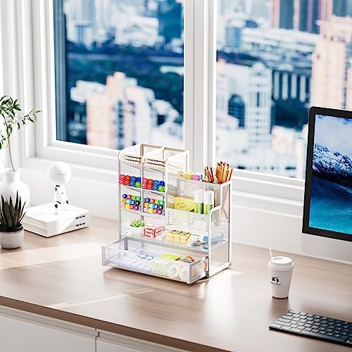 Marbrasse Mesh Pen Holder for Desk, Multi-Functional Pencil Organizer with Drawer, Desk Organizers and Accessories for Office Art Supplies (White) - Image 5