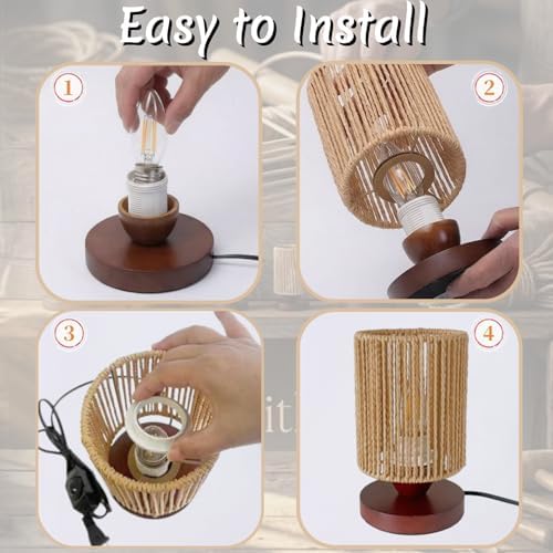 Small Rattan Lamp,Boho Desk Lamp for Living Room,Handmade Farmhouse Woven Bamboo Bedside Lamps for Bedroom,Vintage Wicker Wooden Nightstand Nihgt Light Lamps for Home Decor Gifts for Women Girls - Image 6
