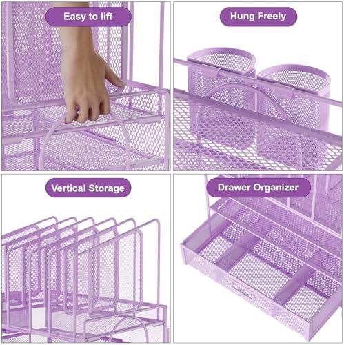 Marbrasse Desk Organizers, 4-Tier Mesh Desk File Organizer with 5 Vertical File Holders and 2 Pen Holders, Multifunction Desktop Organizer,Desk Organizers and Accessories for Home Office (Purple) - Image 2