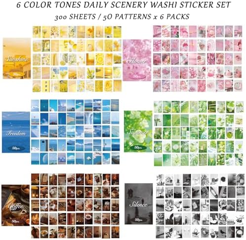Bomichi Washi Stickers, 6 Sets 300 Pcs Aesthetic Sticker Book for DIY Journaling, Journaling Supplies for Bullet Journal Art Diary Card Craft Gifts Planner Notebook - Image 5