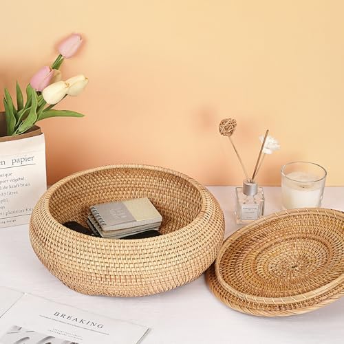 Hipiwe Round Rattan Boxes with Lid, X-Large Woven Wicker Bread Basket Bin - Image 5