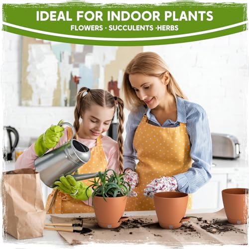 5 Pack 6 Inch Self Watering Planters for Indoor Plants, Automatic Watering Pots for Busy Plant Parents & Vacation, Decorative Modern Flower Pots with Drainage & Saucers (Terra Cotta, 6 inch) - Image 6