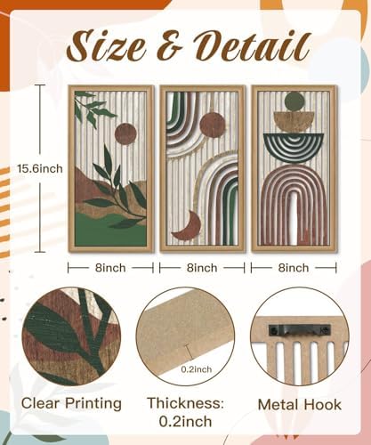 Putuo Decor Boho Wall Art Set of 3 Modern Minimalist Wooden Wall Decor Abstract Earth Tone Room Decorations Mid Century Artwork for Living Room Bedroom Office in Earthwood Canyon 16.5 x 8.6 Inch - Image 3