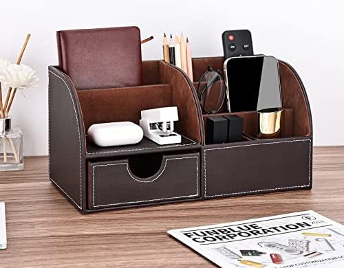 KINGFOM Pu Leather Desk Organizer Pen Pencil Holder Office Supplies Caddy Storage Box 6 Compartments with Drawer Brown - Image 2