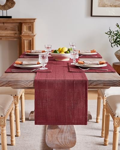ZeeMart Linen Checked Farmhouse Table Runner, 13x48 Inches Burgundy - Image 2