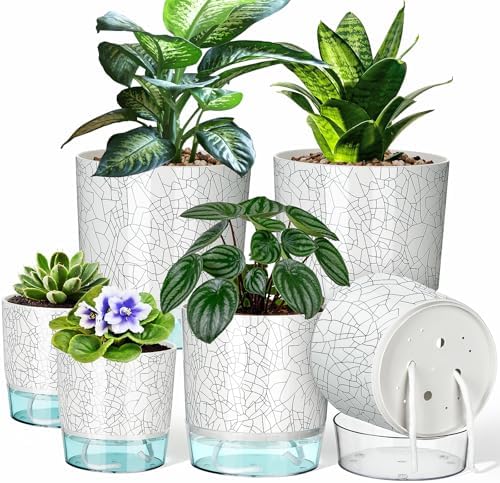 6 Pack Self Watering Pots for Indoor Plants, 4+5.5+6.3 Inch Self Watering Plant Pots Set, Flower Pots with Wick Rope and Reservoir for African Violet, Spider Plant, Orchid - Crack Texture by Samhe