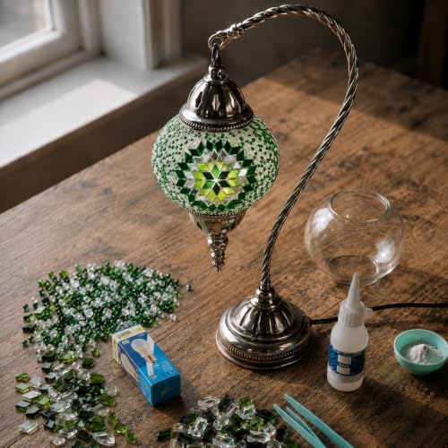 KRAFTSTORIES Turkish Mosaic Swan Neck Lamp Making Kit| DIY Colorful Glass Decorative Nightstand Table Light| Craft Kit |Make Your Own Lamp | Living Room Bedroom | Antique Bronze Base (Green) - Image 2