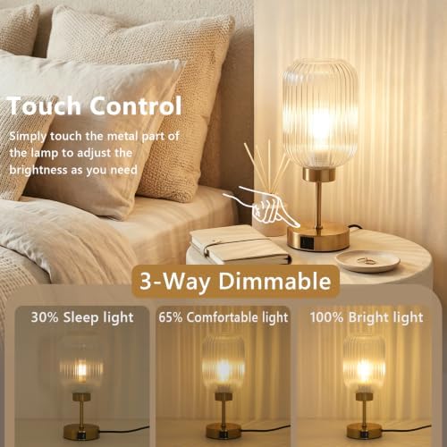 LAMSU Vintage Gold Touch Table Lamp, Small Desk Lamp with Clear Glass Shade, Bulb, Charging Port, Mid Century Modern Bedside Lamp, 3 Way Dimmable Nightstand Lamp for Bedroom Living Room Home Decor - Image 2