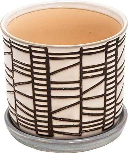 Set of 2 Geometric Decorative Ceramic Planter Pots with Saucer – Stoneware Outdoor & Indoor Plant Pots with Drainage – Modern Garden & Home Decor Ceramic Planters – 6" & 8", Ivory by SagebrookHome