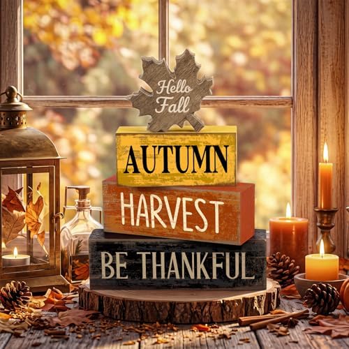 Moucuny 4 Pcs Fall Decor Wooden Maple Leaf Thanksgiving Tiered Tray Decor - Image 2