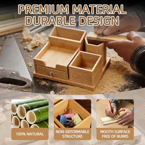 Bamboo Desk Organizer with Drawer & Pen Holder, Office Desk Caddy Storage - Image 6