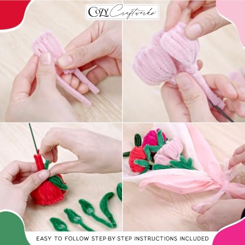 WeVeel Cozy Craftworks Potted Orchid and Small Bouquet Chenille Stem Craft Kit Bundle for Teens & Adults – Mindful DIY Plant Craft, Tactile Pipe Cleaner Art Kit with QR Video Tutorials - Image 3
