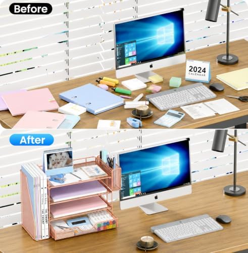 OPNICE Desk Organizers and Accessories, 4-Tier Desktop File Organizer with Drawer and Pen Holders, Office Desk Accessories Workspace Organizers for Office Supplies (Rose Gold) - Image 2