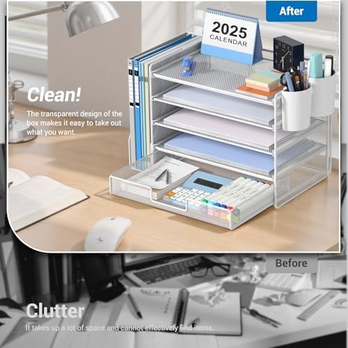 OPNICE Desk Organizer, 5-Tier Desktop File Organizer with Drawer and Pen Holders, Office Desk Accessories, File Sorters, Workspace Organizers for Office Supplies(White) - Image 5