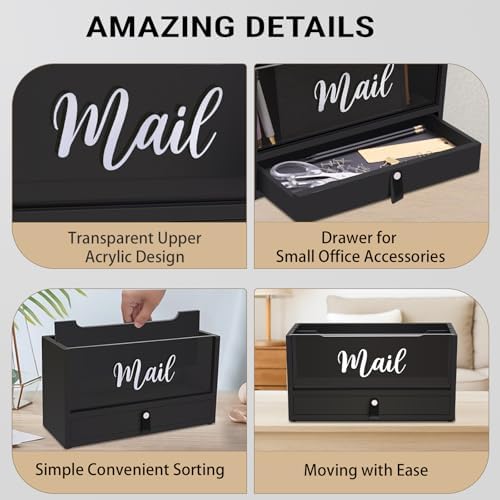 Two-Layer Solid Wooden Mail Storage Organizer Holder with Clear Acrylic Top and Bottom Drawer, Leather Handle, Keeping Mail, Bills, Letters, Cards and Office Supplies in One Place, Home Decor Gifts - Image 3