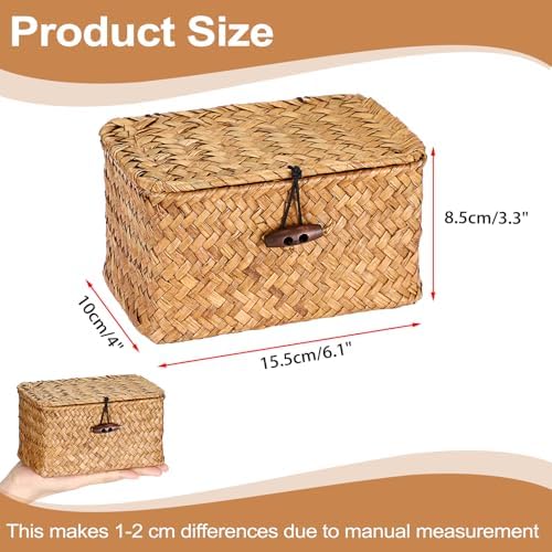 Hipiwe Seagrass Basket Key Holder Box for Entryway Tabletop Desk Organizer with Lid Handwoven Wicker Storage Bin for Hair Ties Candy, Whitewash 6.1" x 4" x 3.3" - Image 3