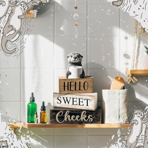 Moucuny 4 Pcs Otter Bathroom Decor Wooden Block Signs Hello Sweet Cheeks - Image 5